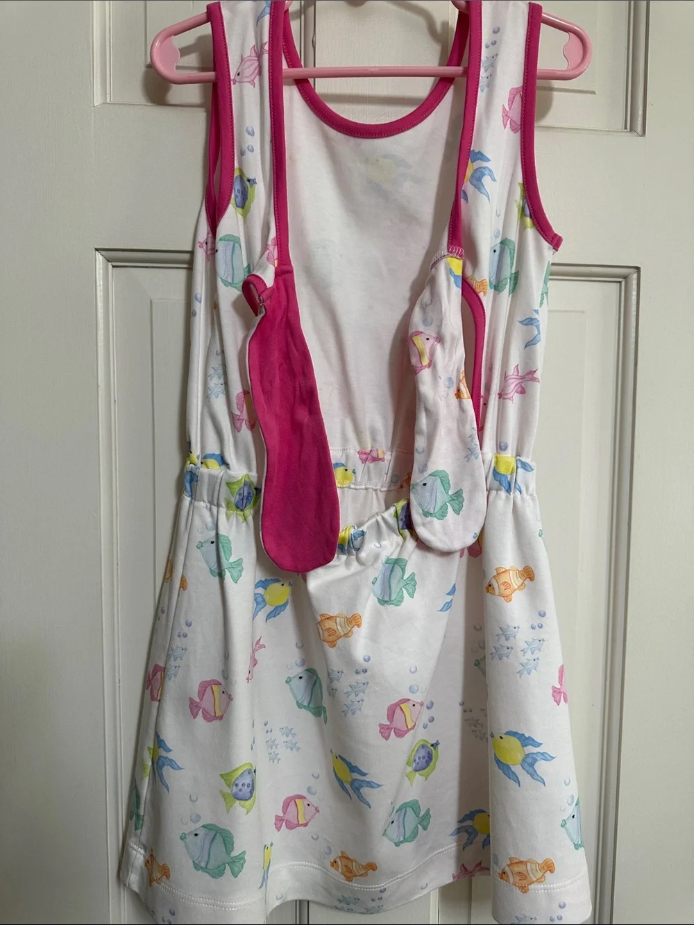 James & Lottie Girls' White Knot Fish-Print Dress with Pink Trim